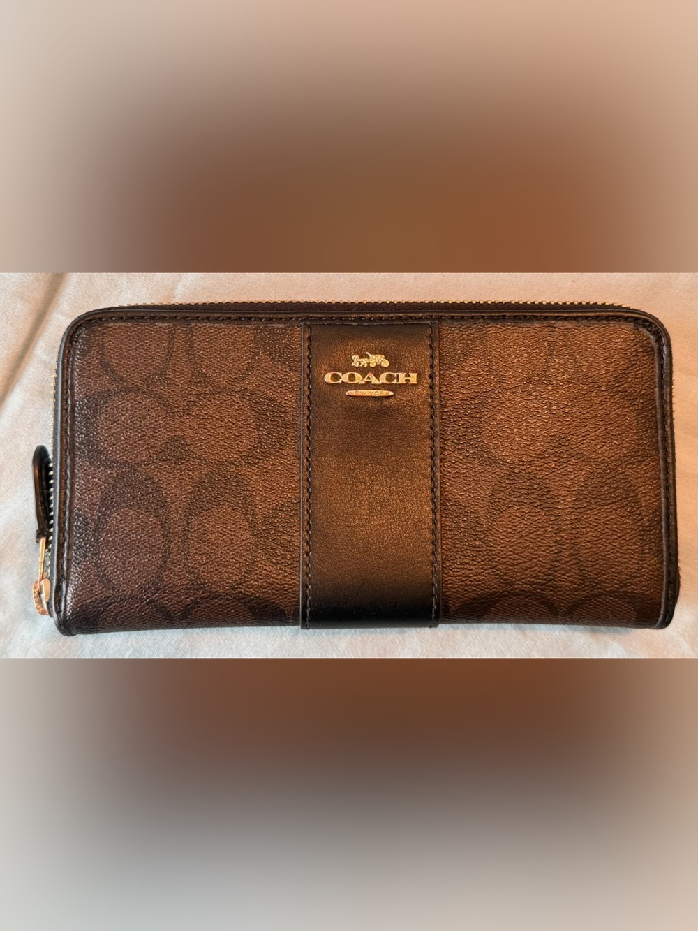 Coach Brown and Black Zip Around Signature Wallet with Gold Color Logo